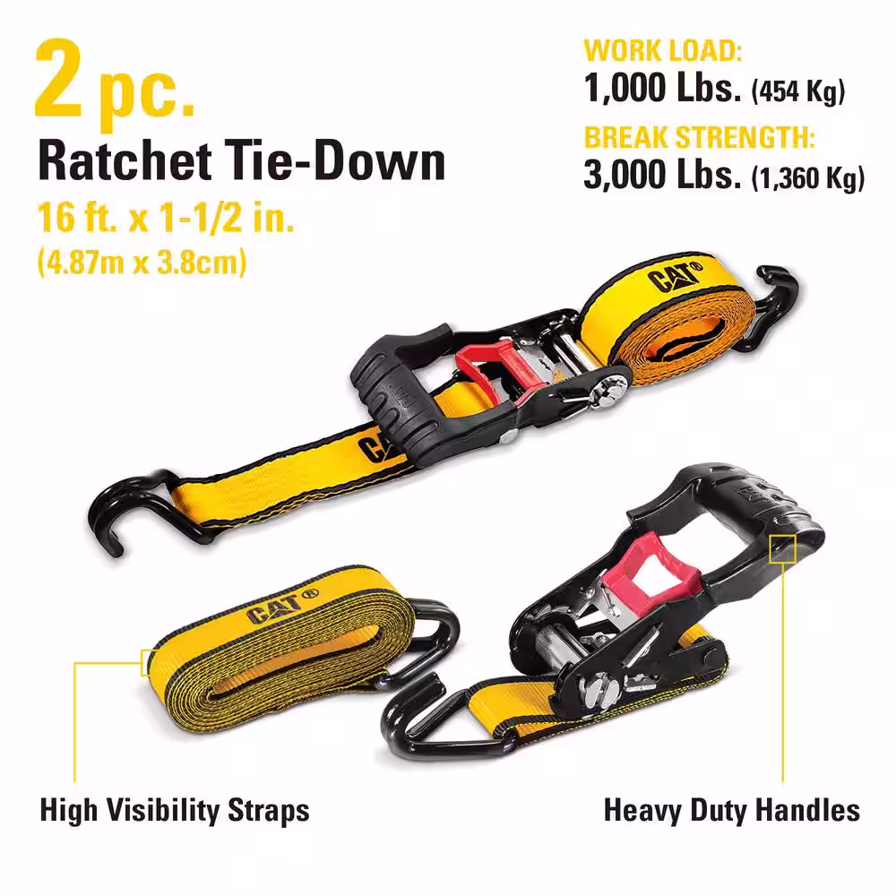 CAT 16 ft. x 1-1/2 in. 1000 lbs. Heavy-Duty Ratcheting Tie-Down Straps (2-Pack)