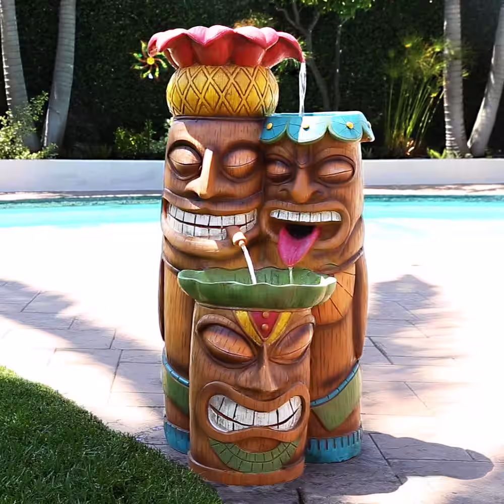 Alpine Corporation 35 in. Tall Outdoor 3-Tier Tiki Head Waterfall Fountain Yard Art Decor, Multicolor