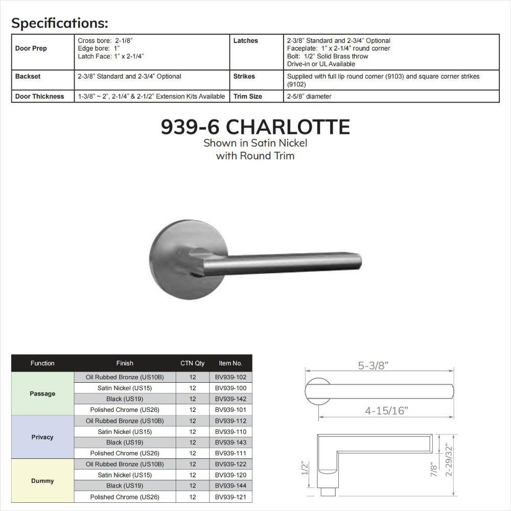 None Bravura Charlotte 939-6 Dummy Door Lever Polished Chrome w/ round trim