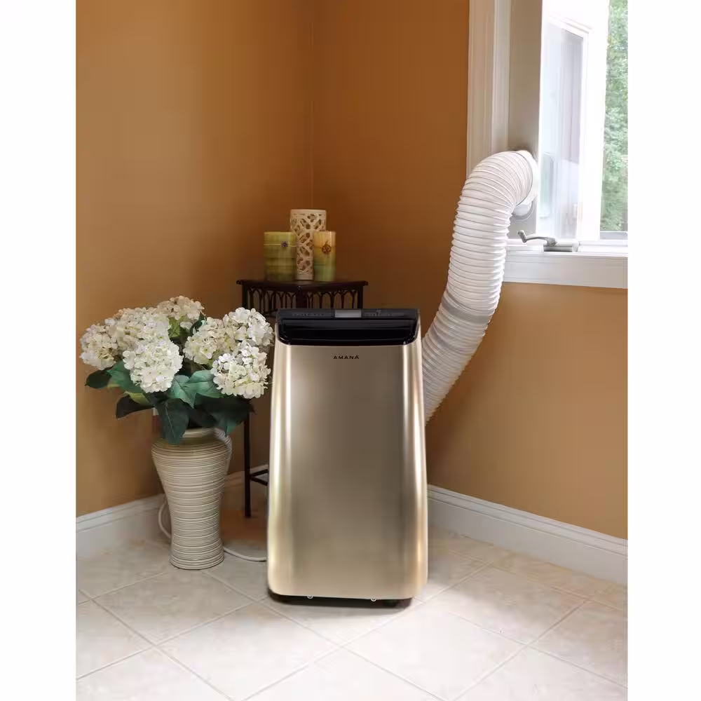 Amana 12000 BTU (7,500 BTU DOE) Portable AC with Remote 450 sq. ft. Timer 3-Speed LCD Display Auto-Restart Wheels Gold, Black