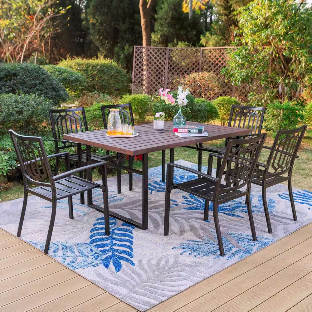 None Black 7-Piece Metal Outdoor Patio Dining Set with U Shaped Rectangle Table and Fashion Stackable Chairs