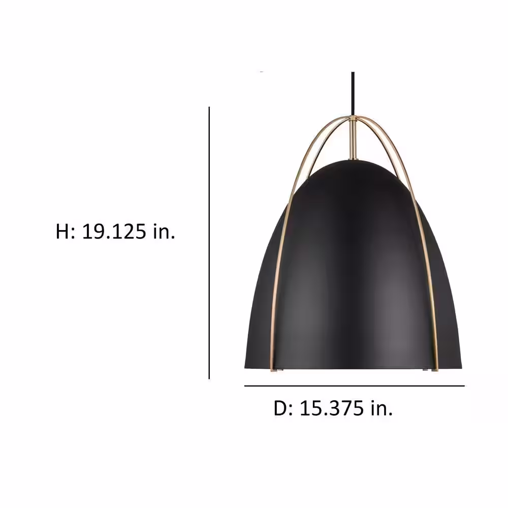 Generation Lighting Norman 1-Light Satin Brass Large Hanging Pendant Light with Midnight Black Steel Shade