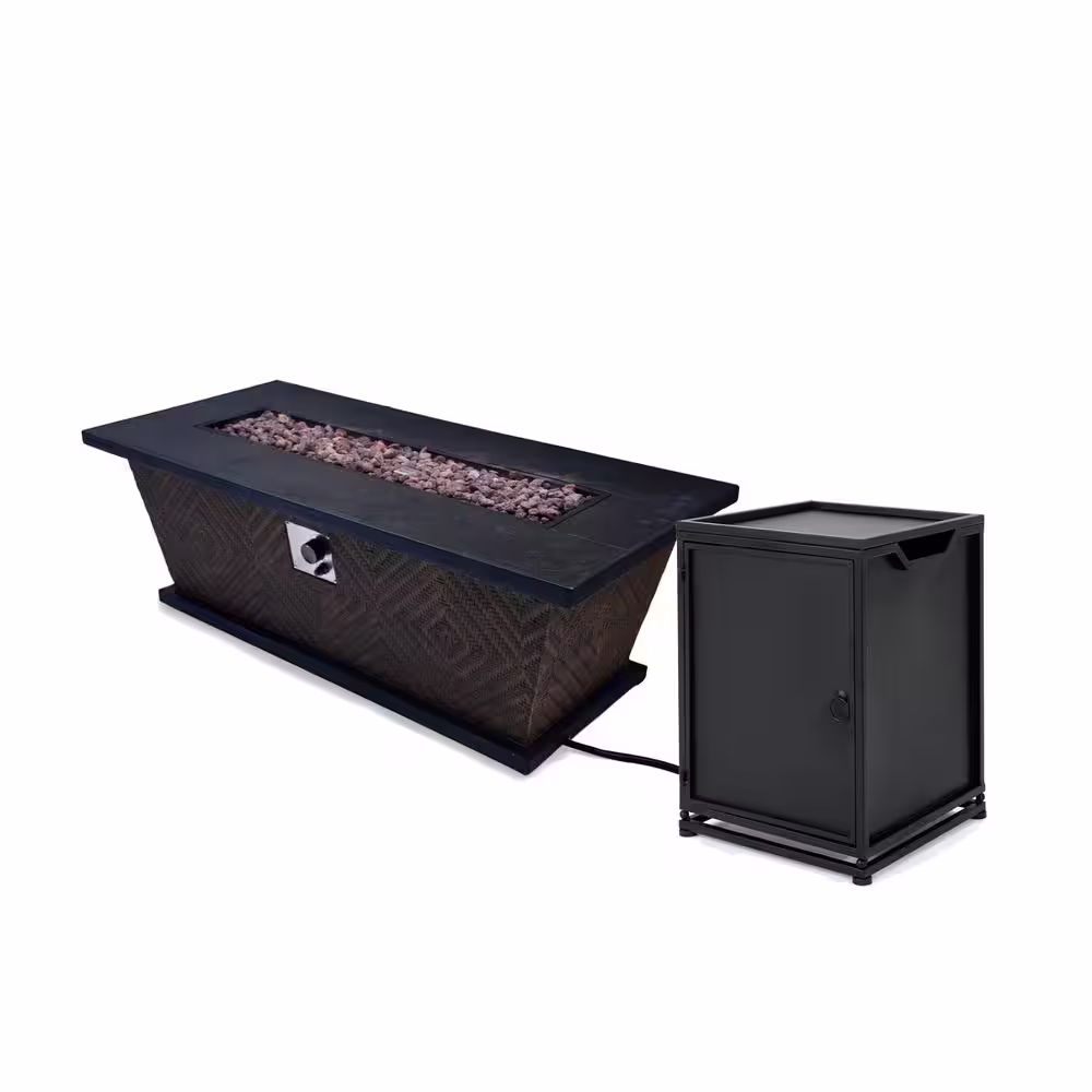 Noble House Meyer 15.75 in. x 22 in. Rectangular Concrete Propane Fire Pit in Brown with Tank Holder