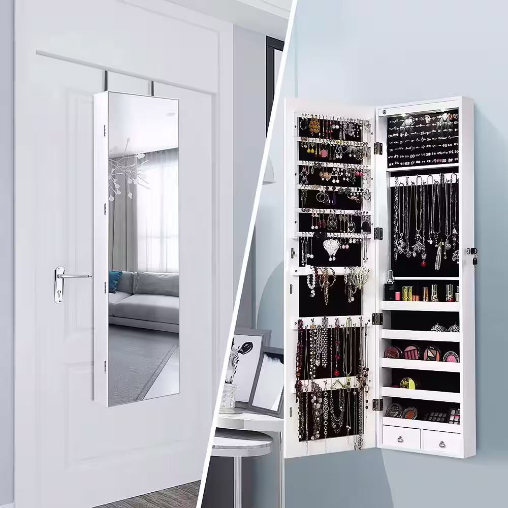 Costway White Mirrored Wall Jewelry Cabinet with LED Lights