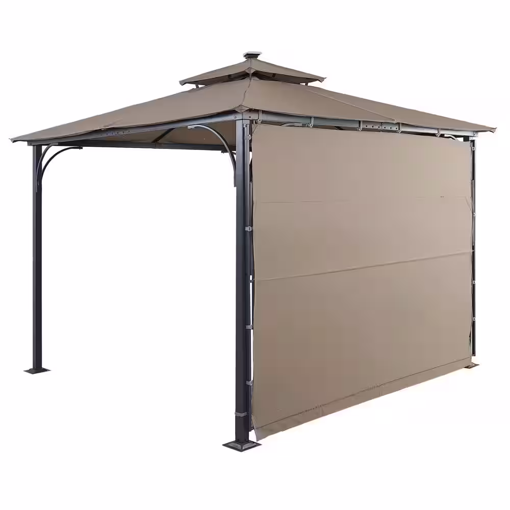 None Outdoor Patio 9.8 ft. x 9.8 ft. Metal Gazebo with Extended Side Shed/Awning and LED Light for Backyard in Brown