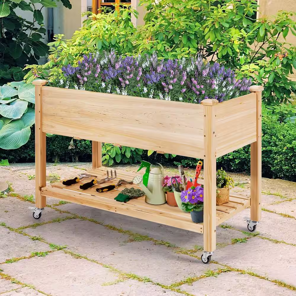HONEY JOY Wood Elevated Garden Bed with Storage Shelf Wheels and Liner Suitable for Vegetable Flower Herb