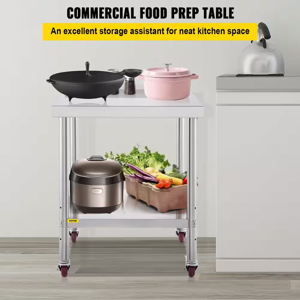 VEVOR Stainless Steel Prep Table 24 x 24 x 35 in. Heavy Duty Metal Worktable with Adjustable Undershelf Kitchen Utility Tables