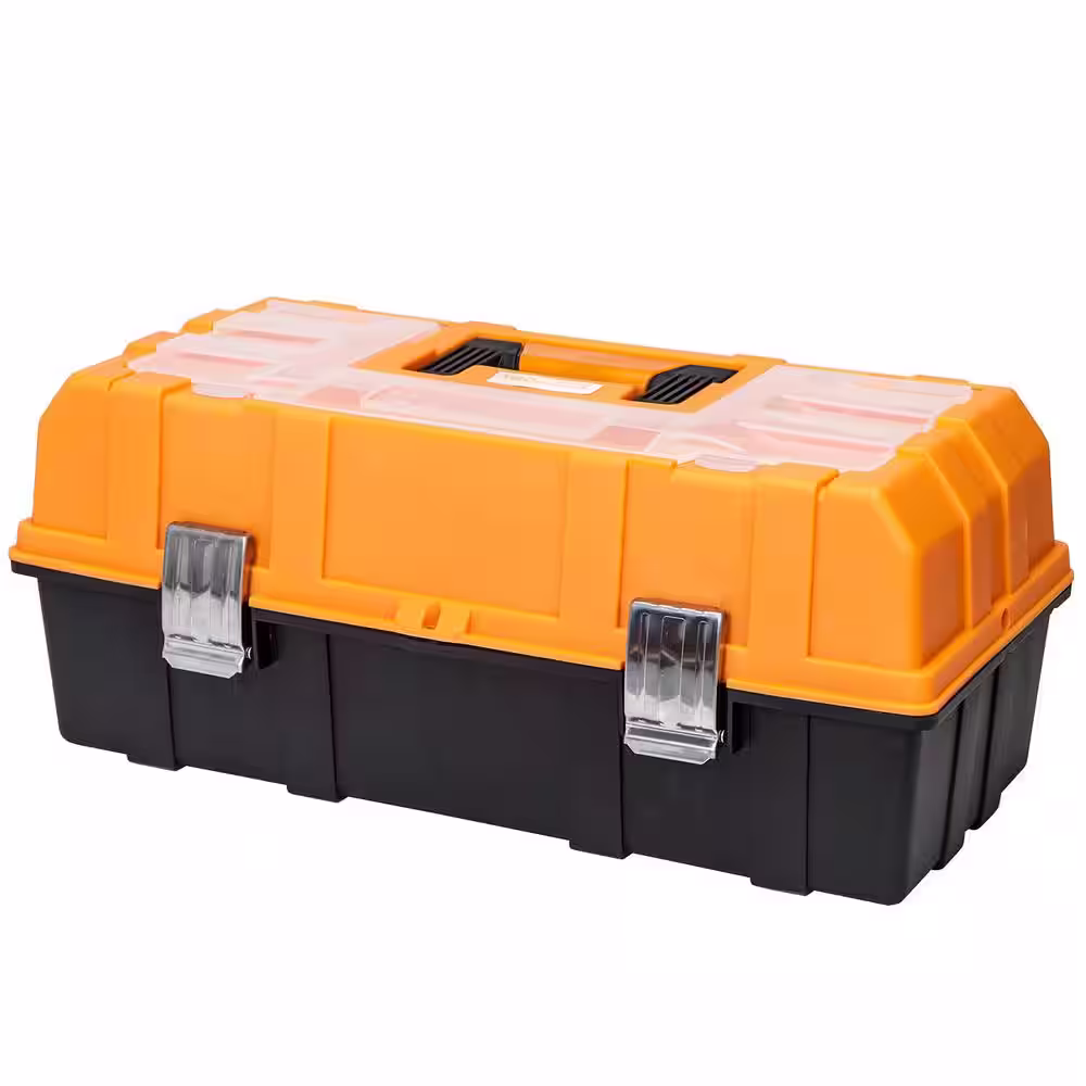 Big Red 17 in. W x 9 in. D Plastic 3-Layer Multi-Function Storage Tool Box with Tray and Dividers, Orange