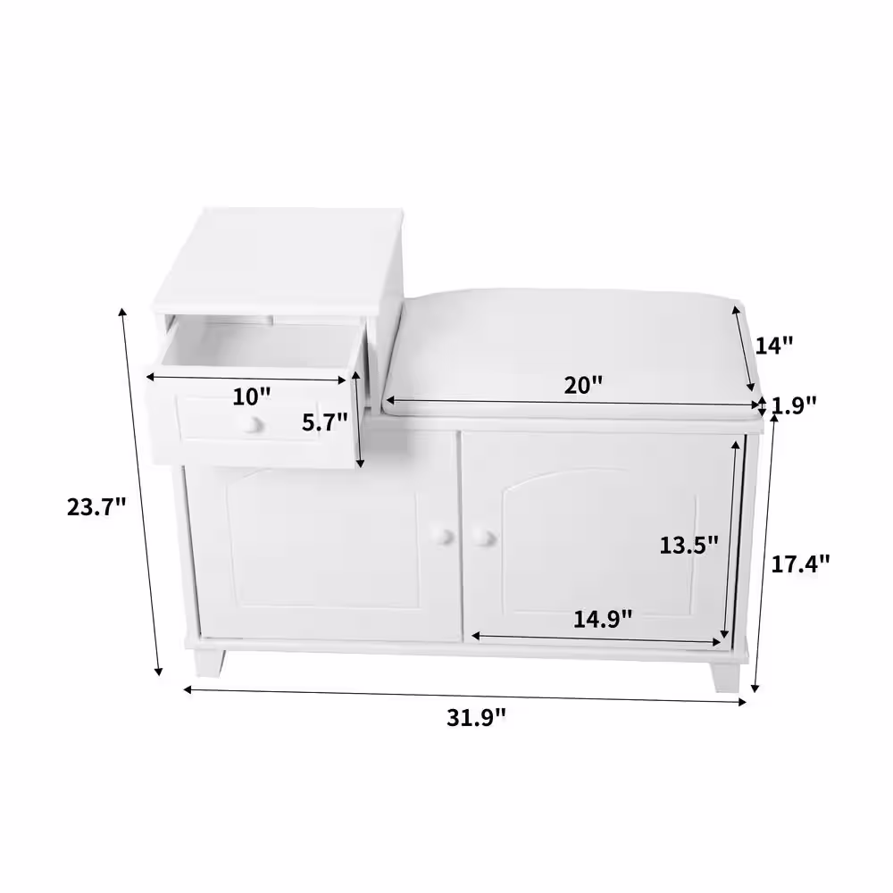 None White Shoe Storage Bench Cabinet with Fireproof PU Cushion, Double Doors and Movable Drawer Wood for Door Entrance