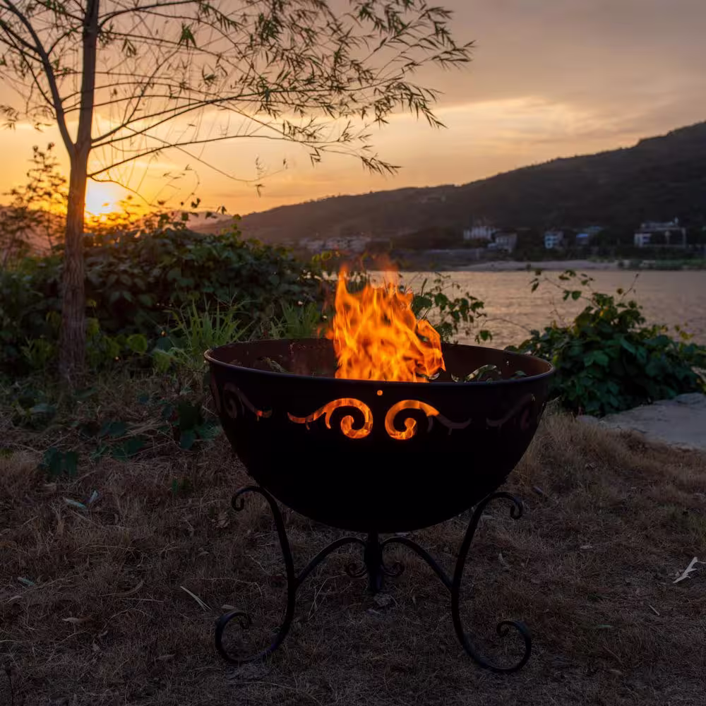 None 23 in. Dia SEDONA Outdoor Wood Burning Fire Bowl in Black with Cover