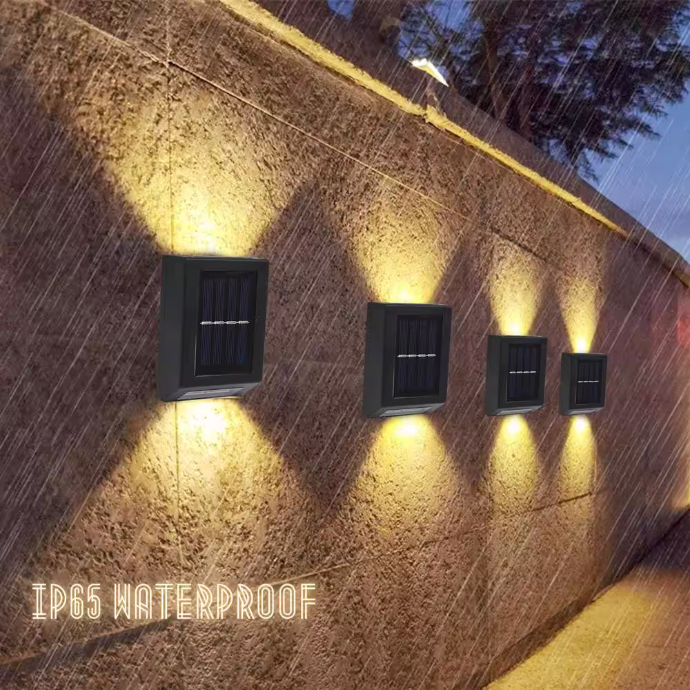 SOWAZ Solar Outdoor Black 3 LED Up Down Landscape Flood Light Wall Light with Fashion Pattern Design Waterproof Warm, (4-Pack)
