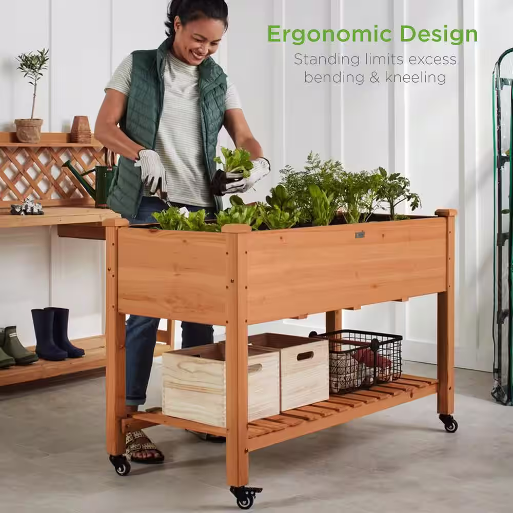 Best Choice Products 48 in. x 24 in. x 32 in. Wood Raised Garden Bed with Lockable Wheels, Liner - Acorn Brown