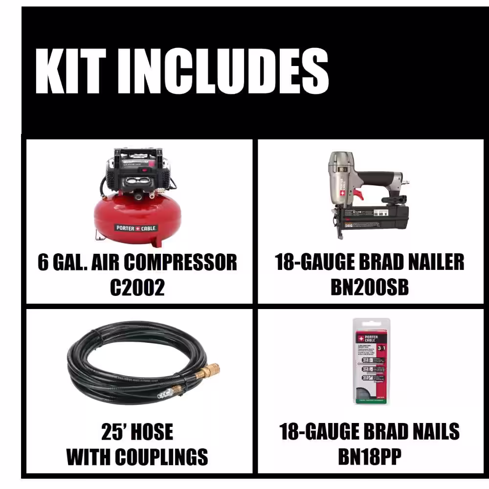 Porter-Cable 6 Gal. 150 PSI Portable Electric Air Compressor, 18-Gauge Brad Nailer and 18-Gauge Brad Nails (900 per Box)