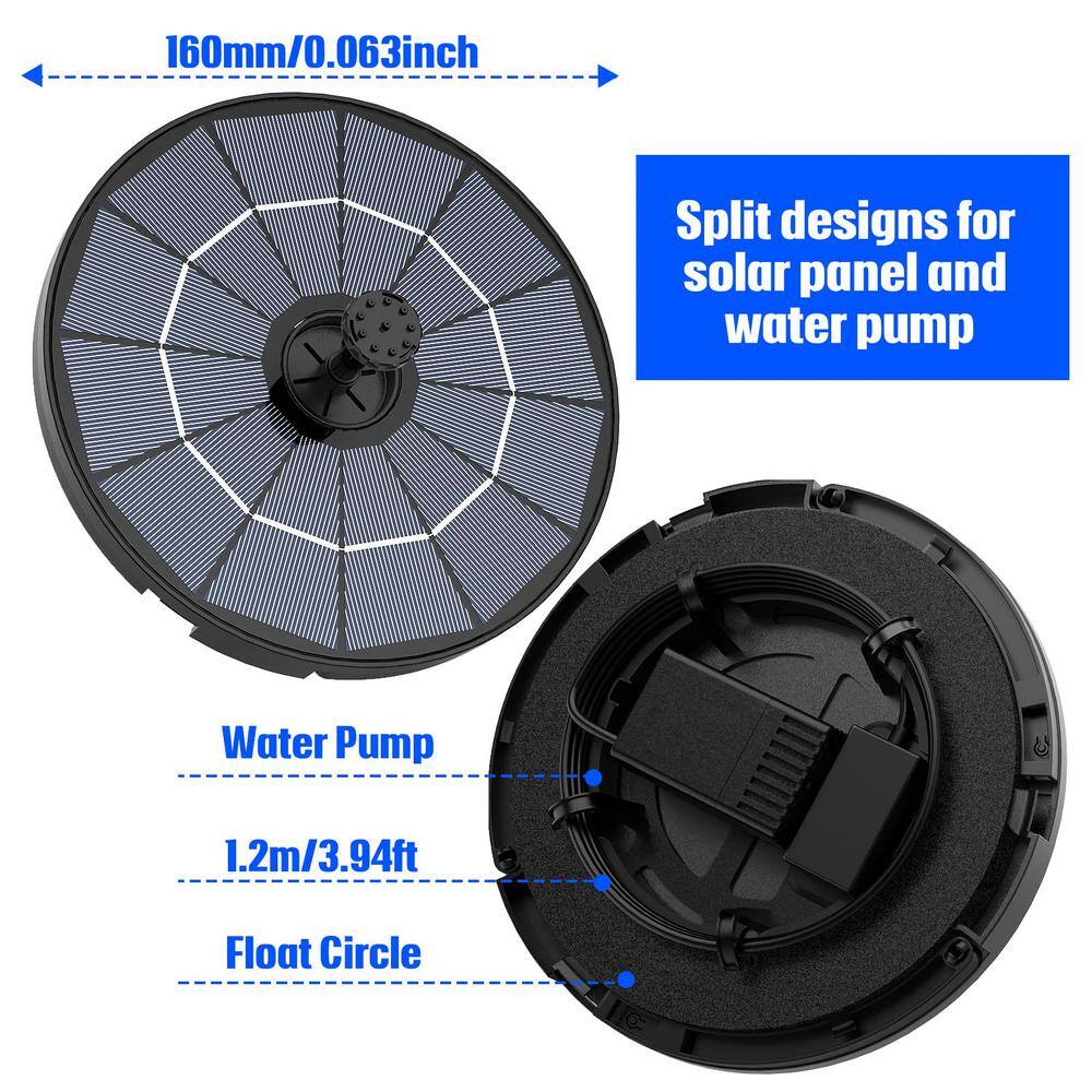 None Black Solar Bird Bath Fountain with 6 Nozzles