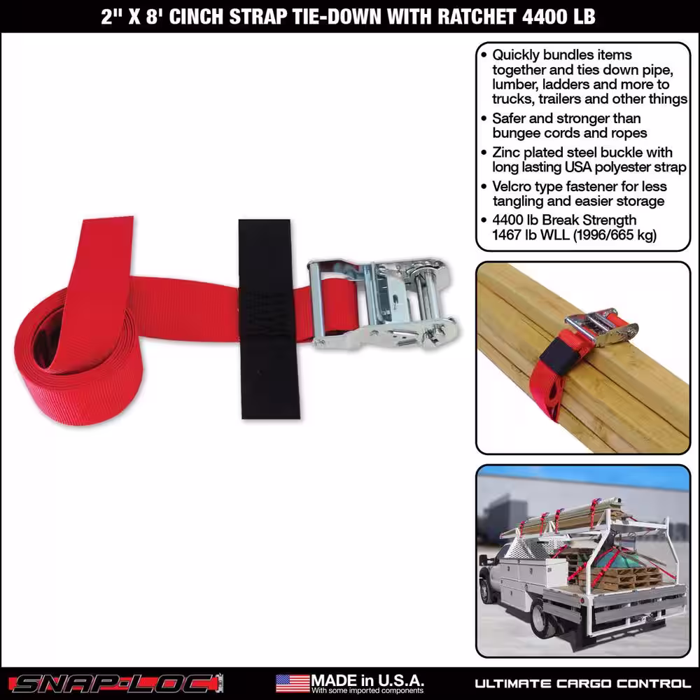 SNAP-LOC 8 ft. x 2 in. Cinch Strap with Ratchet in Red