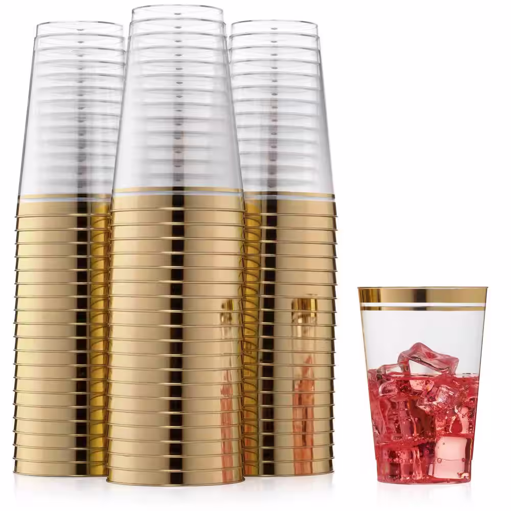 None 12 oz. 2-Line Gold Rim Clear Disposable Plastic Cups, Party, Cold Drinks, (100/Pack)