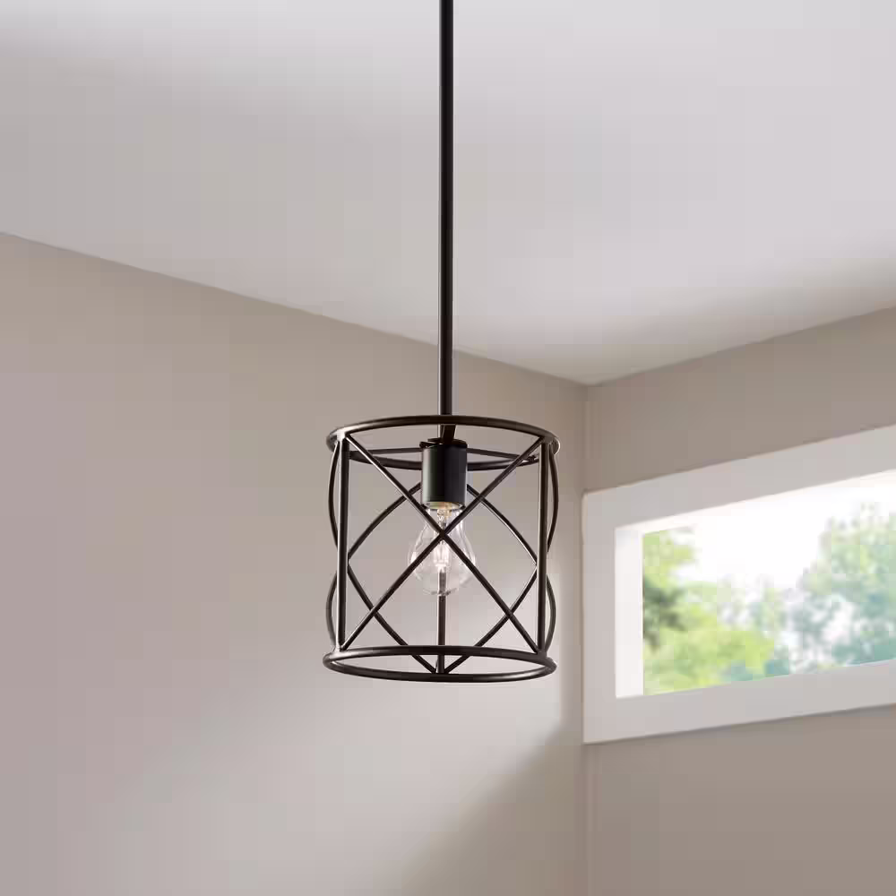Hampton Bay Hastings 60-Watt 1-Light Satin Bronze Pendant with Cage Shade