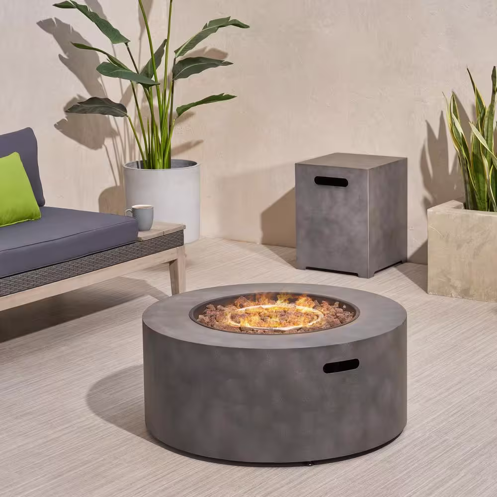 Noble House Wellington 15.25 in. x 19.75 in. Round Concrete Propane Fire Pit in Dark Grey with Tank Holder