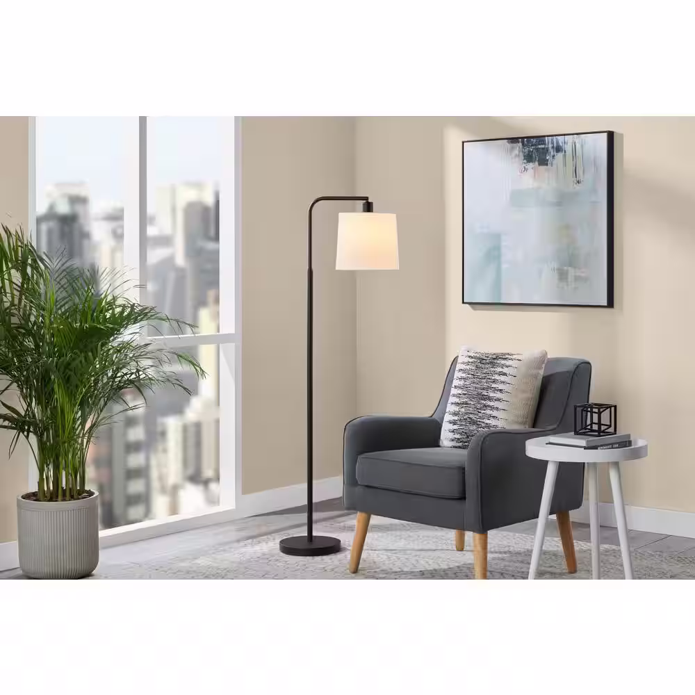 Hampton Bay Auburn 56 in. Matte Black Floor Lamp with White Fabric Shade