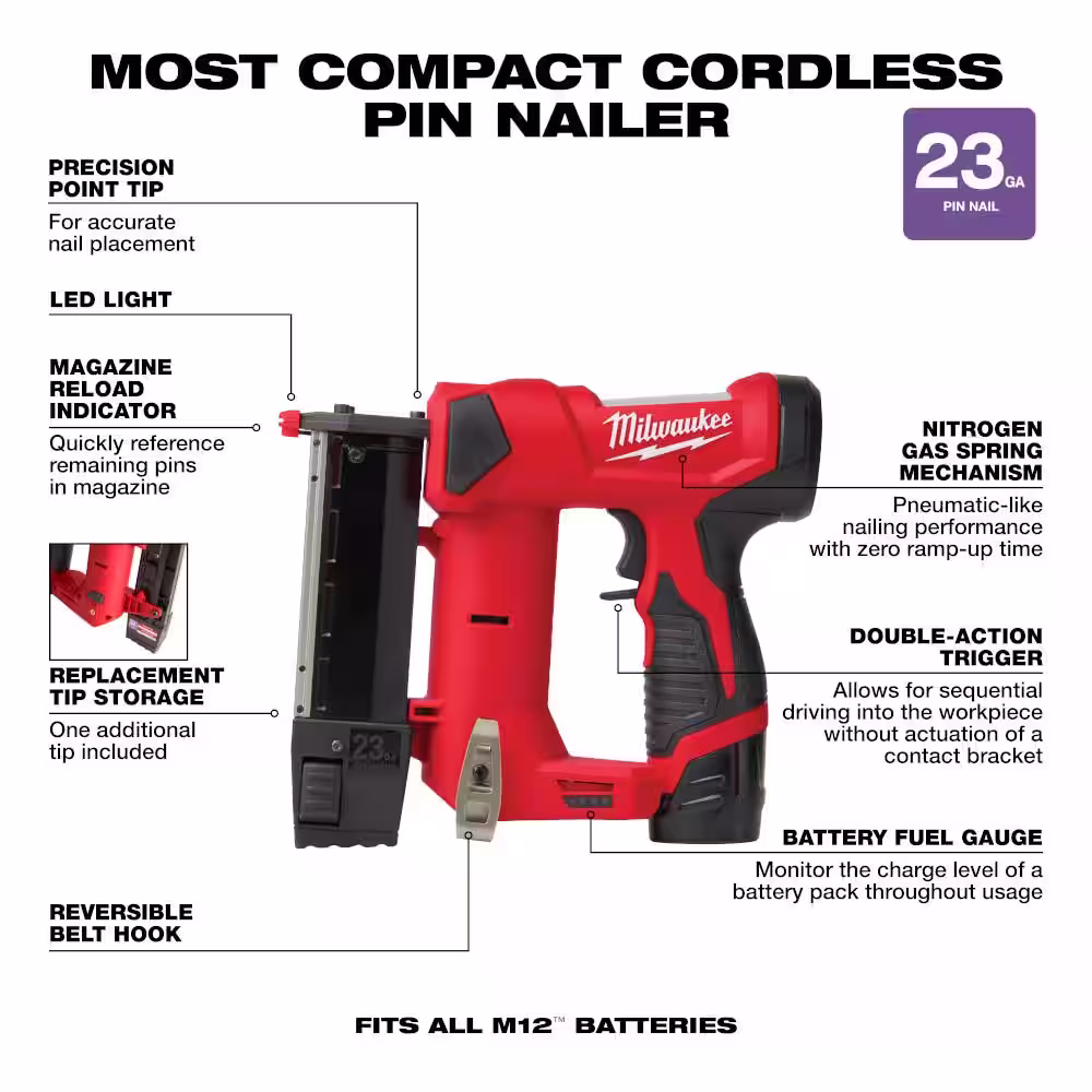 Milwaukee M12 12-Volt 23-Gauge Lithium-Ion Cordless Pin Nailer Kit with M12 FUEL Cordless 4-in-1 Installation 3/8 in. Drill Driver