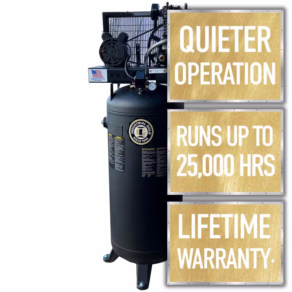 None Industrial Gold 60 Gal. 3.5 HP Vertical 1-Phase Low RPM 125-PSI Electric Air Compressor with Quiet Operation