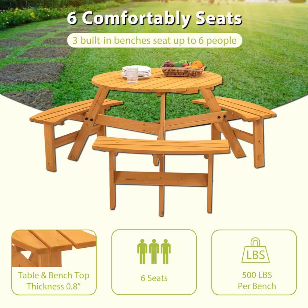 None 6-Person Natural Patio Circular Wooden Outdoor Picnic Table with 3-Built-In Benches (1720 lbs. Capacity)