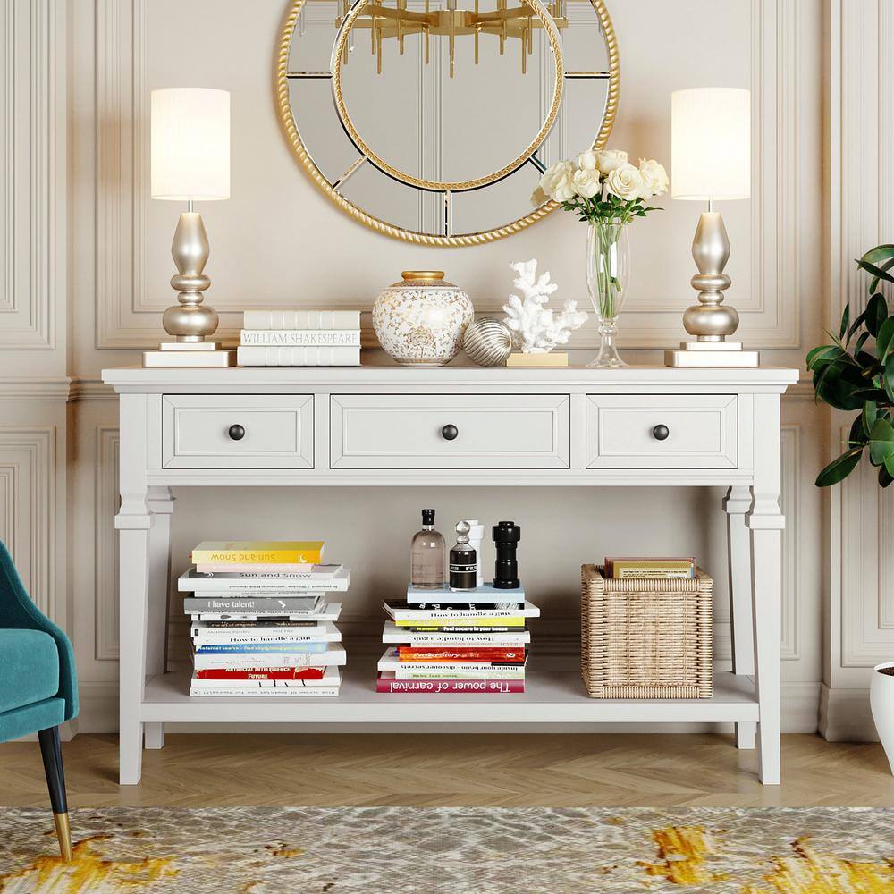 None 50 in.Antique White Rectangle Wood Console Table with 3 Top Drawers and Bottom Shelf for Living Room, Entryway, Hallway