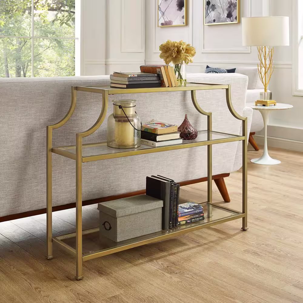 CROSLEY FURNITURE Aimee 43 in. Gold Standard Rectangle Glass Console Table with Storage