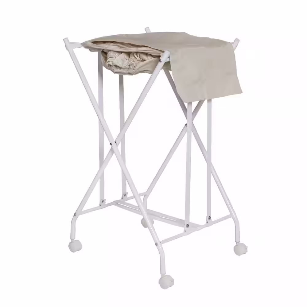 Honey-Can-Do White/Natural Steel and Polycotton Single Bounce Back No Bend Laundry Hamper with Wheels
