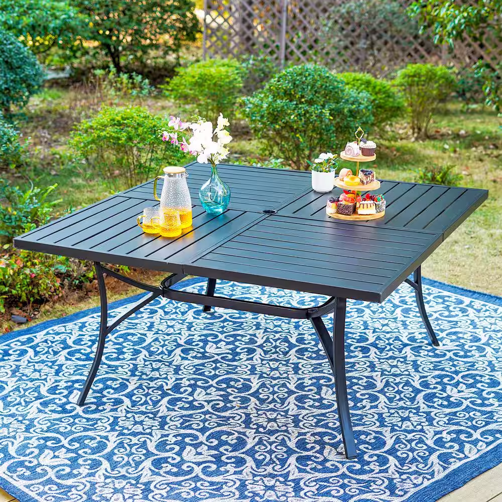 None Black 9-Piece Metal Outdoor Patio Dining Set with Slat Square Table and Fashion Stackable Chairs