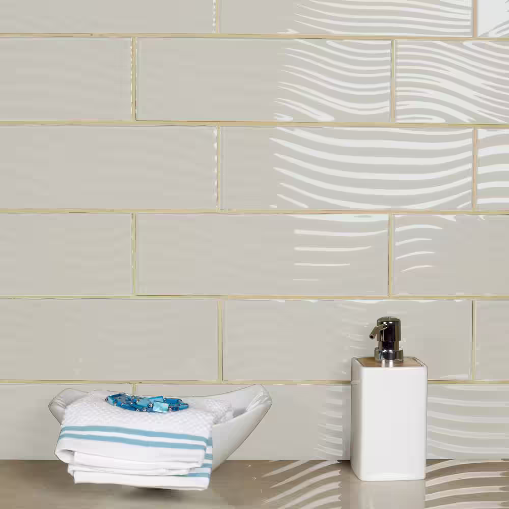 ABOLOS Coastal Design Style Glossy Cream Subway 4 in. x 12 in. Textured Glass Decorative Tile (11 sq. ft./Case)