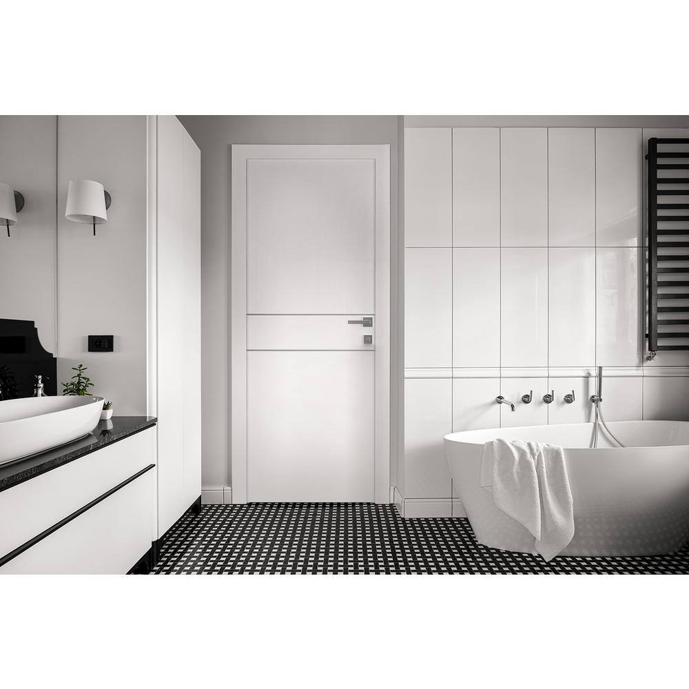 Belldinni 36in x 80in Stella 2HN Snow White Finished Aluminum Strips Right-Hand Solid Core Composite Single Prehung Interior Door