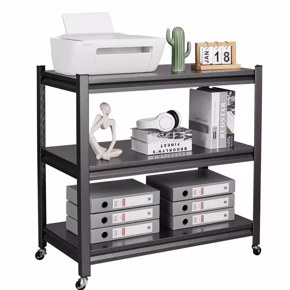 Mlezan Metal Garage Storage Shelves 3 Tier with Wheels Black Rack in 17.7 in. D x 33.9 in. W x 31.5 in. H