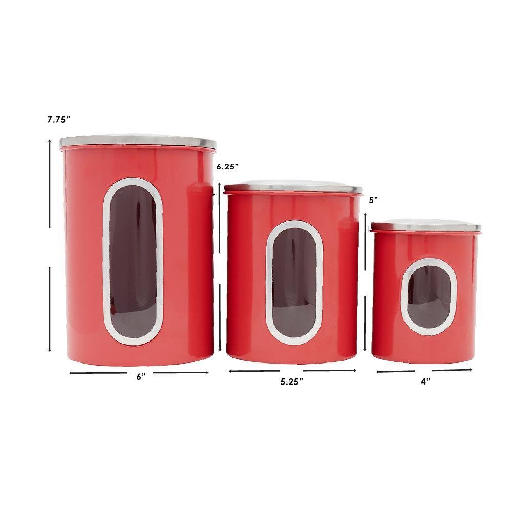 Home Basics 3 Piece Stainless Steel Top Canisters with Windows, Red