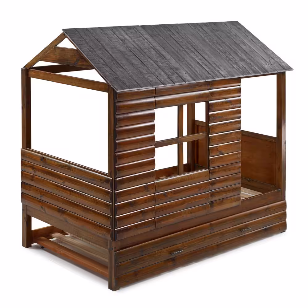 Donco Kids Log Cabin Rustic Walnut and Silver Twin Low Loft Bed with Twin Trundle Bed