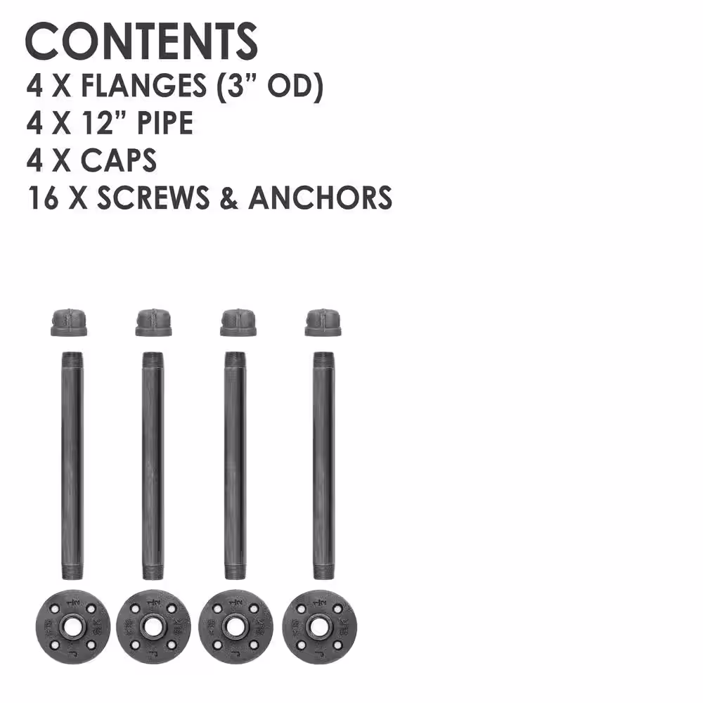 Pipe Decor 1/2 in. x 1 ft. L Black Pipe Wall Mounted Clothing Bracket Kit (Set of 4)