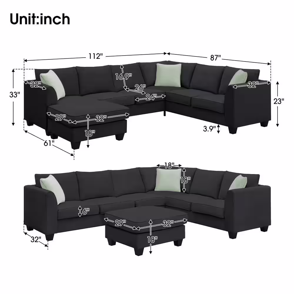 Harper & Bright Designs 112 in W Flared Arm Fabric L Shaped Sofa Corner Couch Set in Black with Reversible Ottoman and 3-Pillows