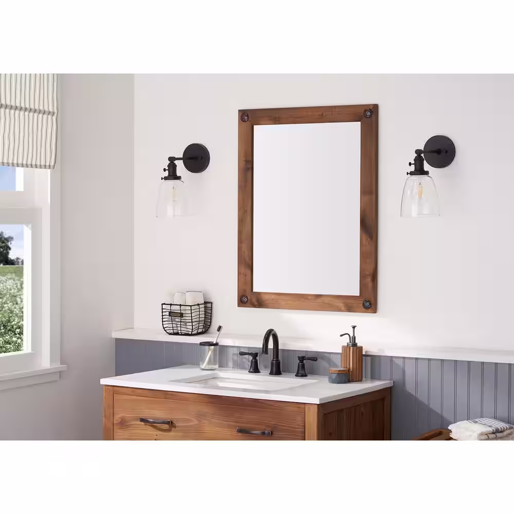 None 31 in. x 24 in. Farmhouse Rectangle Solid Wood Framed Walnut Decorative Nails Bathroom Vanity Wall Mirror