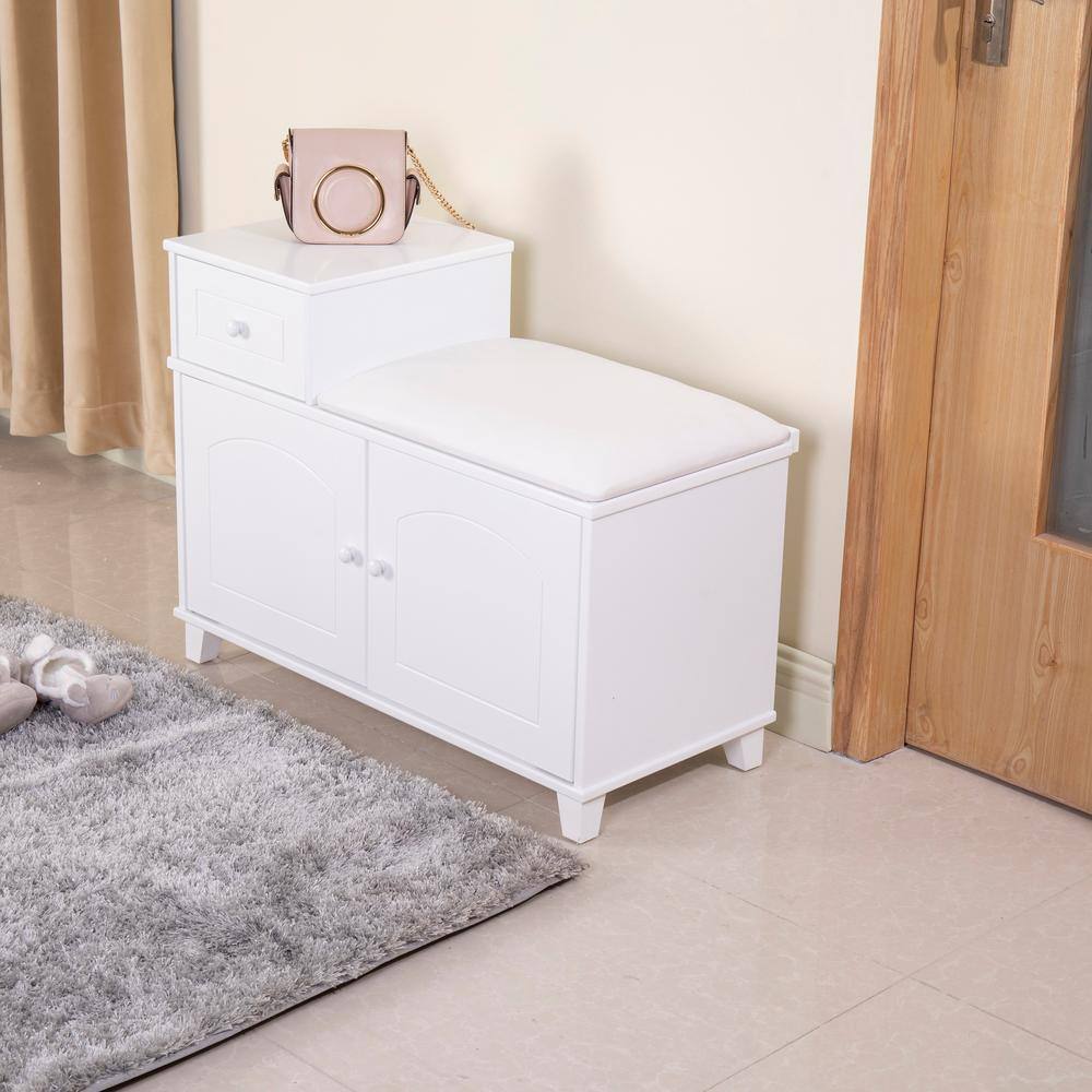 None 23.62 in. H x 31.5 in. W White Wood Shoe Storage Bench with Drawer