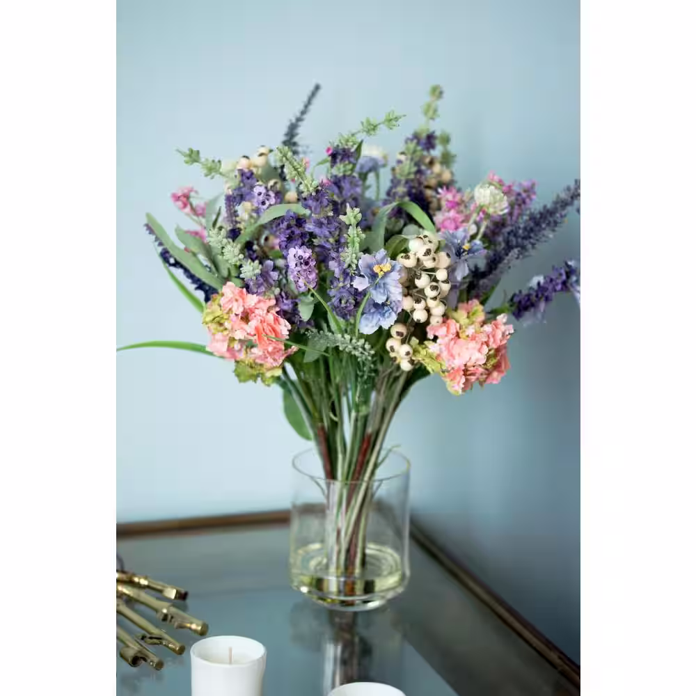Nearly Natural 16 in. Artificial H Assorted Lavender and Hydrangea Silk Flower Arrangement