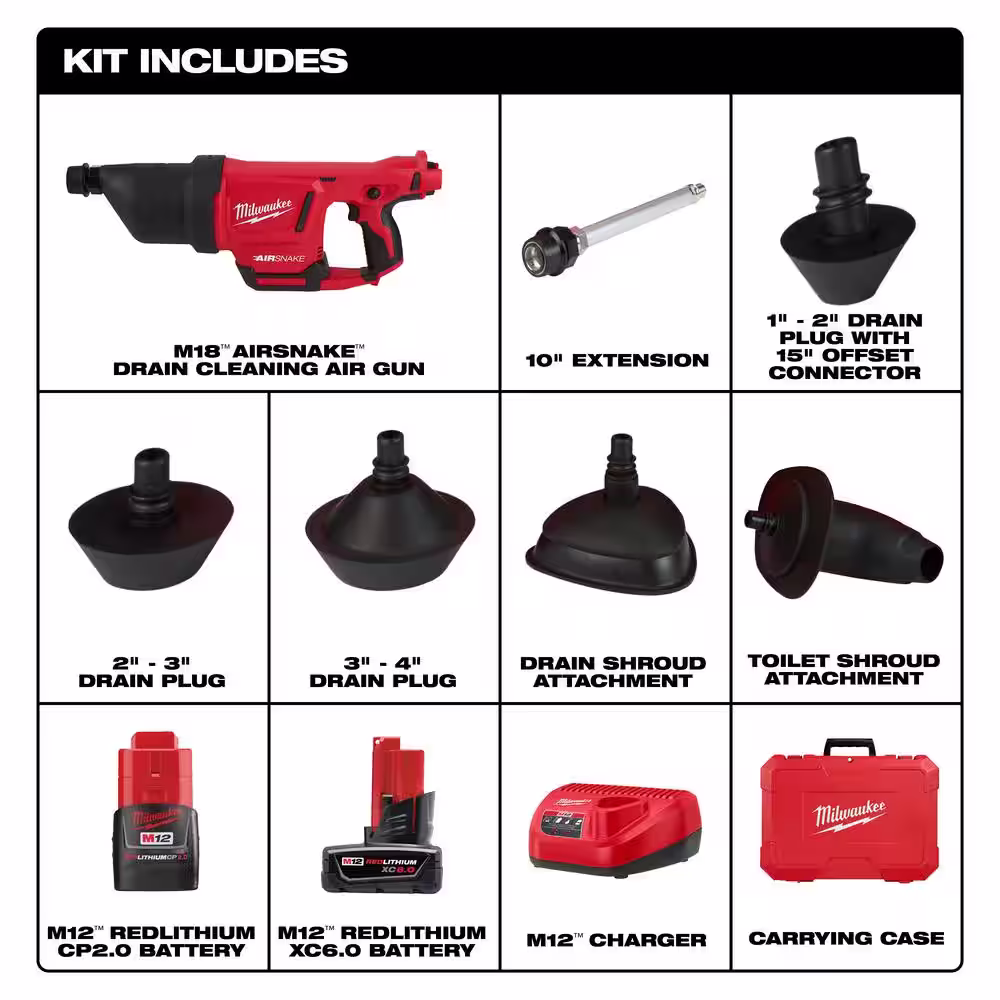 Milwaukee M12 12V Lithium-Ion Cordless Drain Cleaning Airsnake Air Gun Kit with 6.0 Ah Battery