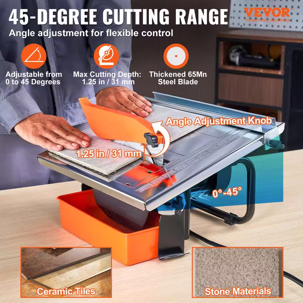 VEVOR Wet Tile Saw, 4-Amps 7 in. 65Mn Corded Wet Tile Saw, 3500 RPM Induction Motor, Tile Cutter Wet Saw with Water Reservoir