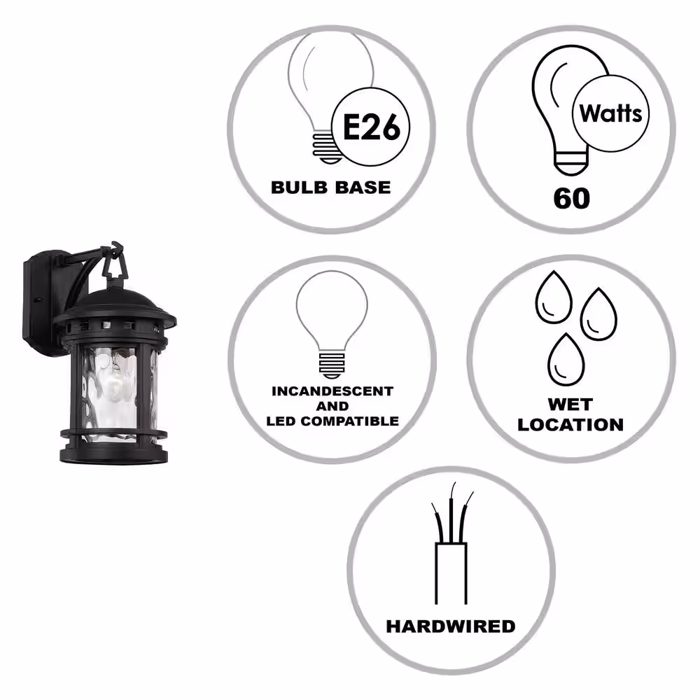 Bel Air Lighting Boardwalk 12.5 in. 1-Light Black Outdoor Wall Light Fixture with Clear Water Glass