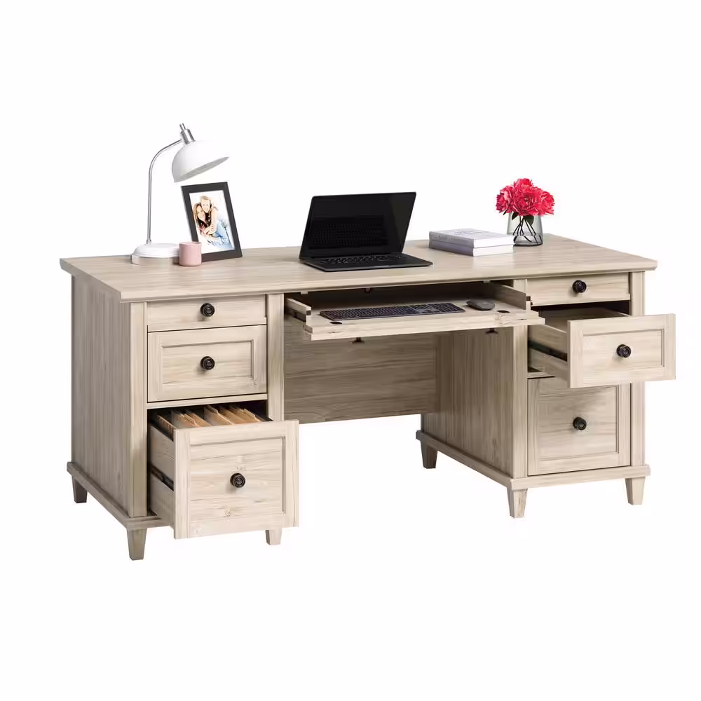 SAUDER Hammond 67.559 in. Chalk Oak Engineered Wood 6-Drawer Executive Desk with Flip-Down Keyboard Shelf