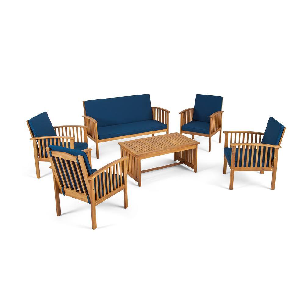Noble House Carolina Brown Patina 6-Piece Wood Patio Conversation Set with Dark Teal Cushions