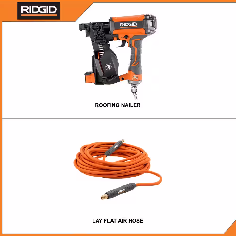 RIDGID Pneumatic 15-Degree 1-3/4 in. Coil Roofing Nailer with 1/4 in. 50 ft. Lay Flat Air Hose