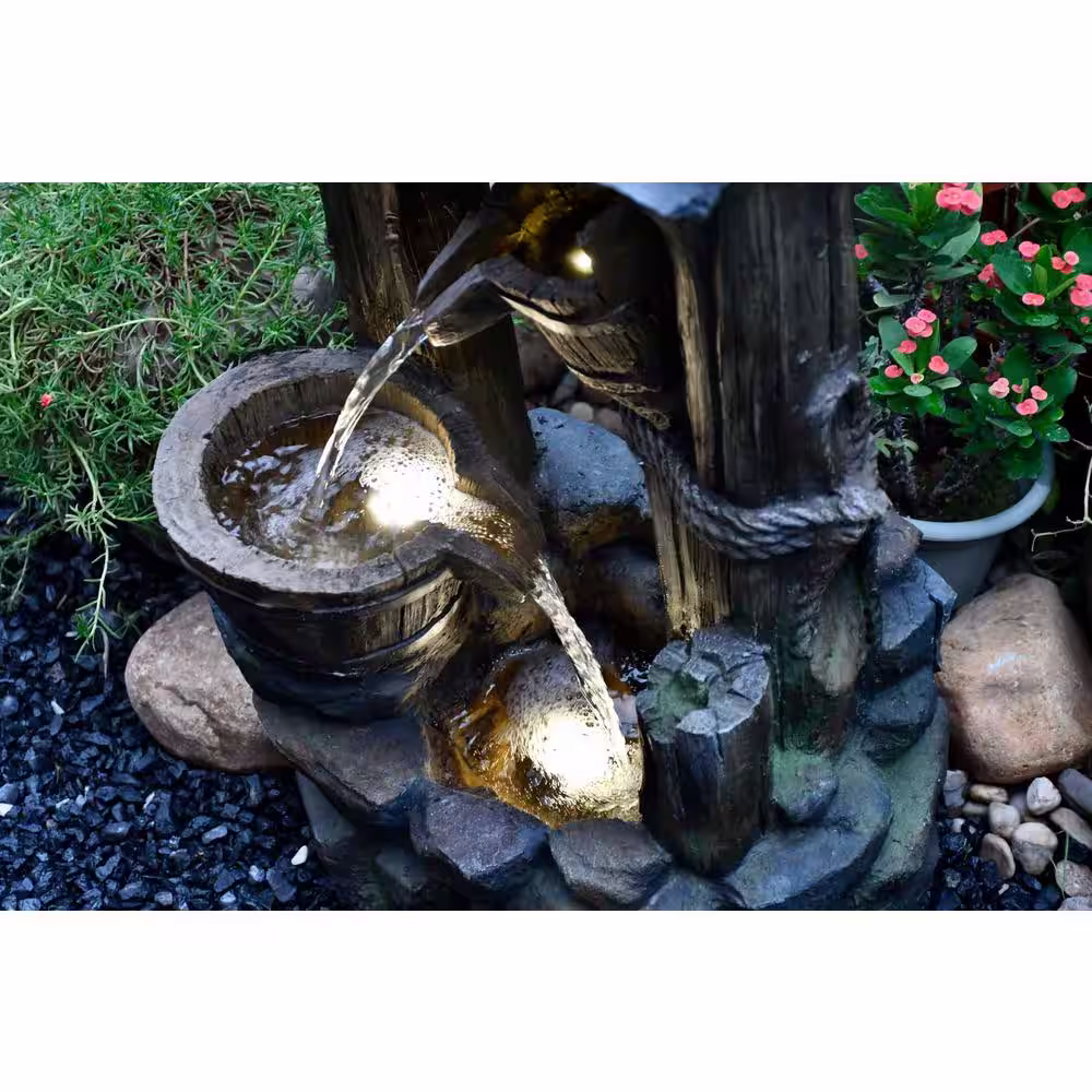 None 29.2 in. Tall Outdoor 3-Tier Outdoor Fiberglass Floor Rack Water Fountain with Yellow LED Light for Patio Yard Garden