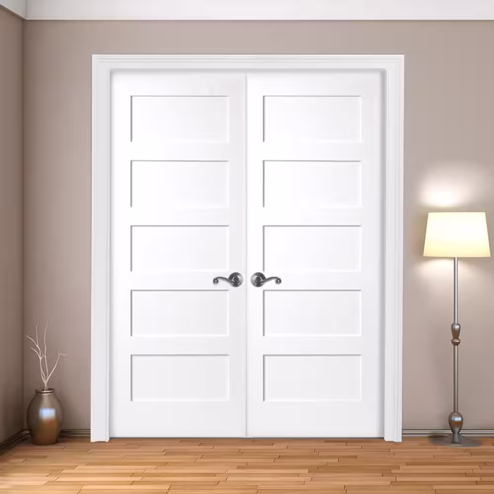 Steves & Sons 60 in. x 80 in. 5-Panel Shaker White Primed Solid Core Wood Double Prehung Interior Door with Nickel Hinges