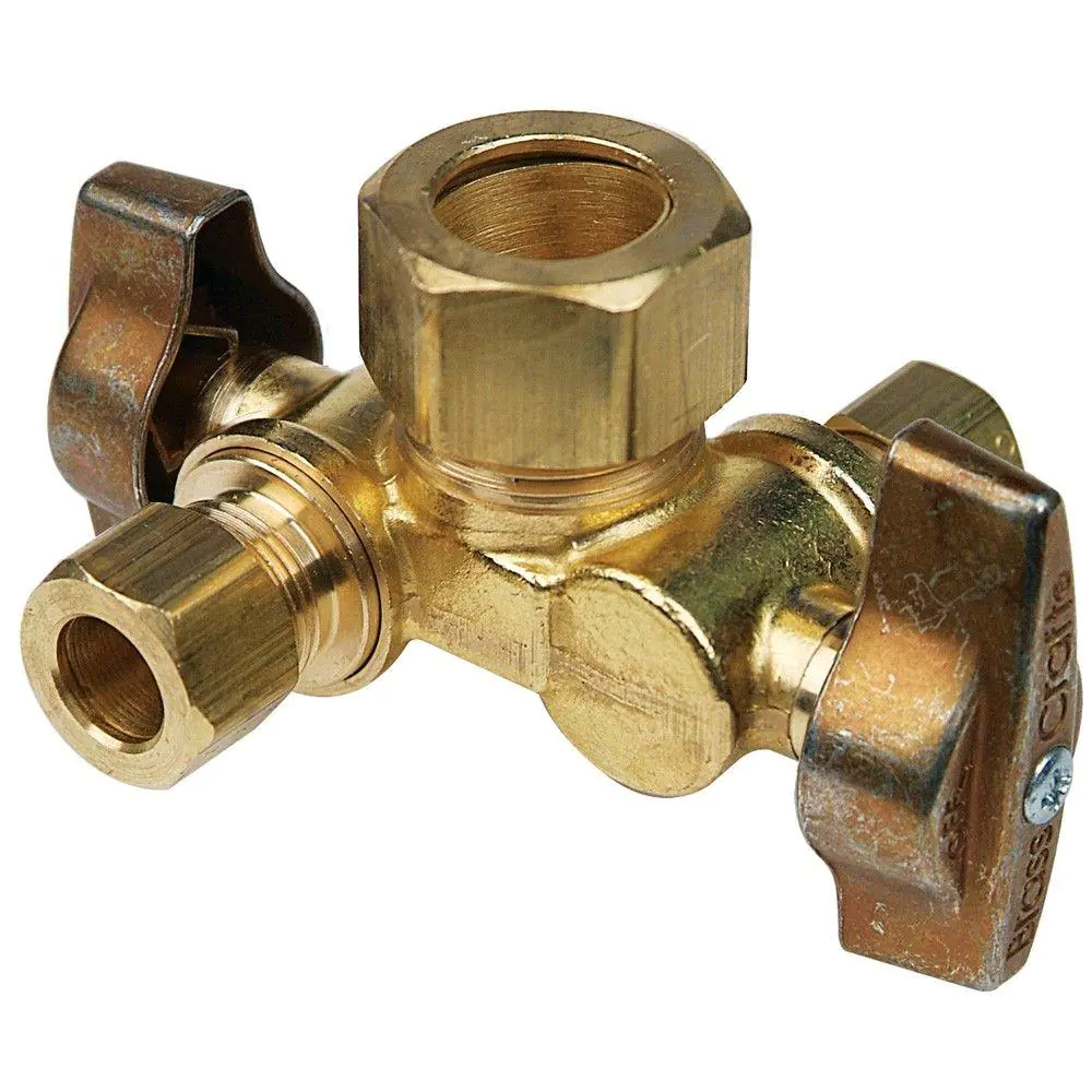 BrassCraft 1/2 in. Nominal Inlet x 3/8 in. O.D. Comp x 1/4 in. O.D. Dual Outlet Dual Shut-Off 1/4 in. Turn Angle Ball Valve