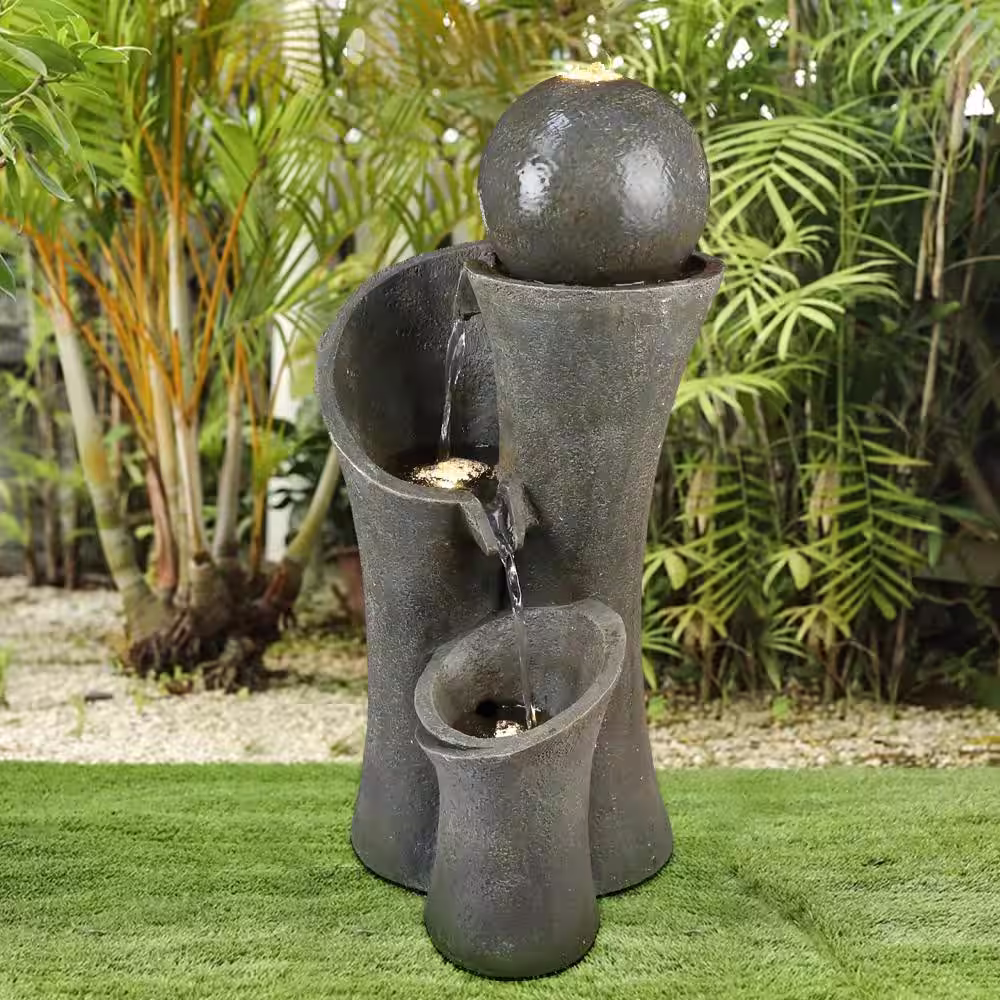Watnature 24 in. Outdoor Waterfall Garden Fountain Modern Sphere Patio Floor Fountain, Curved LED Fountain for Garden, House Decor